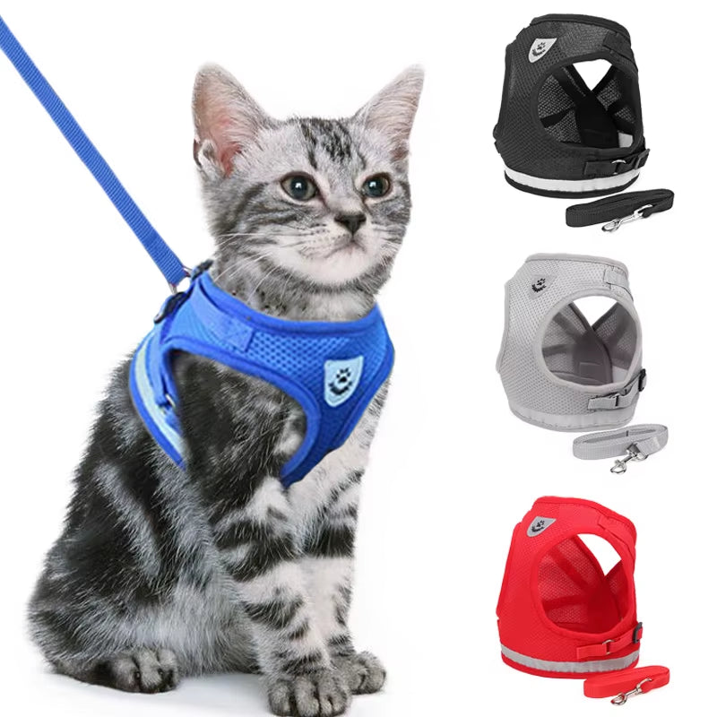 Reflective Cat Harness and Leash Set Nylon Mesh Kitten Puppy Dogs Vest Harness Leads Pet Clothes for Small Dogs Yorkies Pug